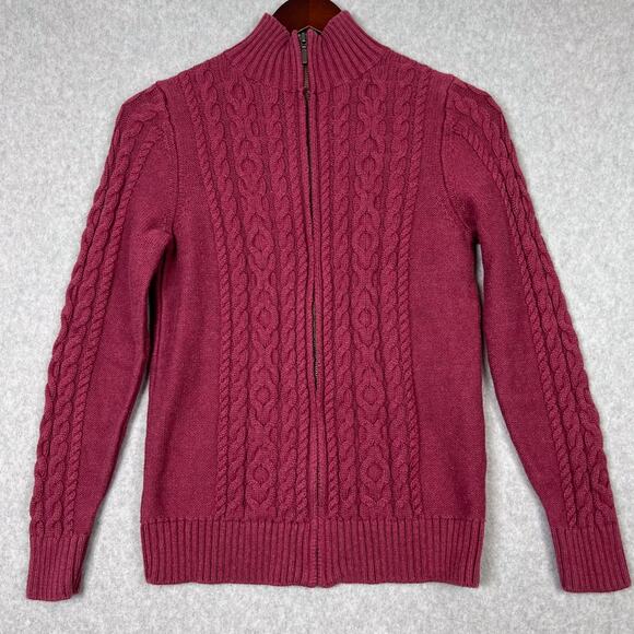 LL Bean Sweater Women's Size S Pink Cable Knit Cardigan Full Zip Ribbed Neck - Picture 1 of 7